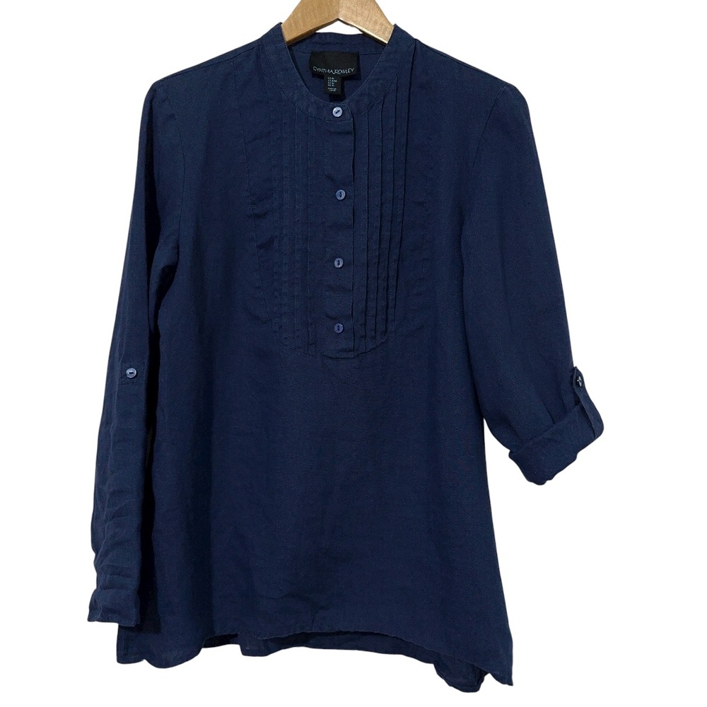 Cynthia Rowley Linen Top Size Med Pintuck Front Roll Tab Sleeve
